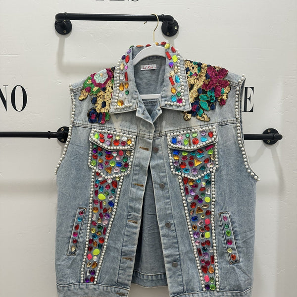 Denim Vest with Multiple Crystals