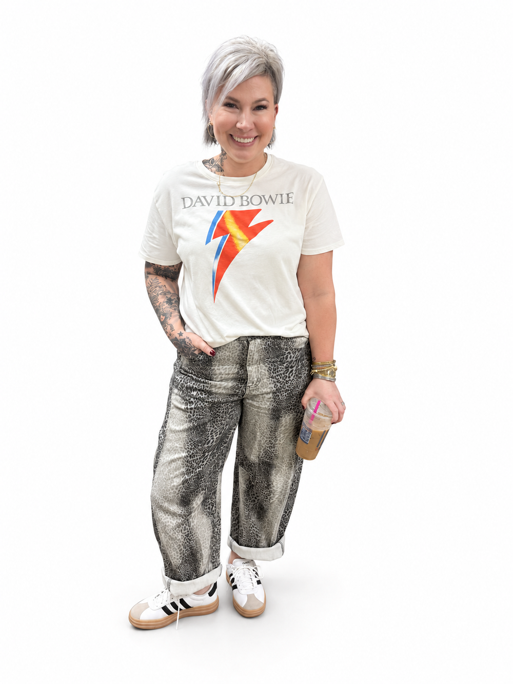 Jennifer wearing a David Bowie tee and animal print trousers