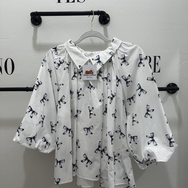 Puff Sleeve Pleated Bow Blouse