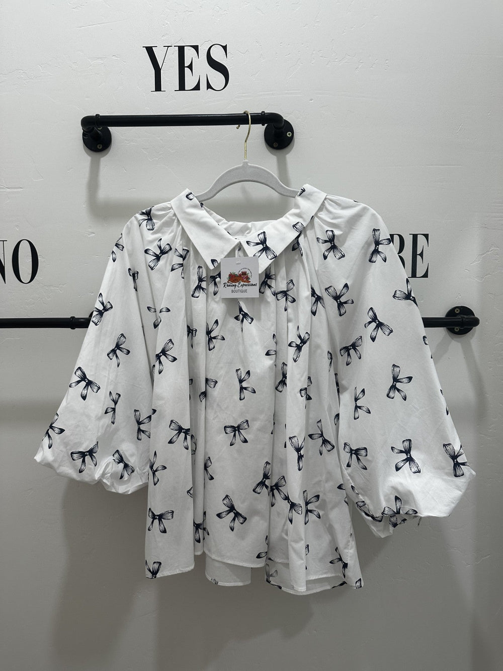 Puff Sleeve Pleated Bow Blouse